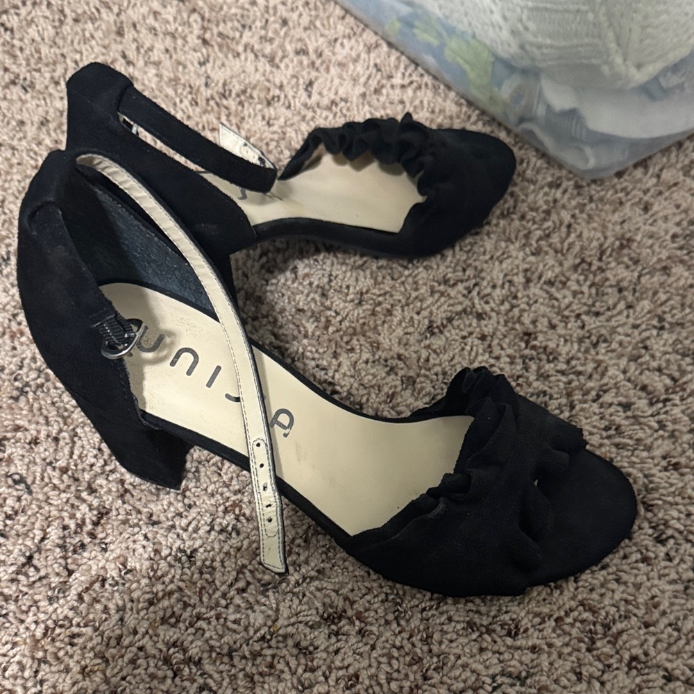 Unisa Black Ruffle Ankle Strap Heels